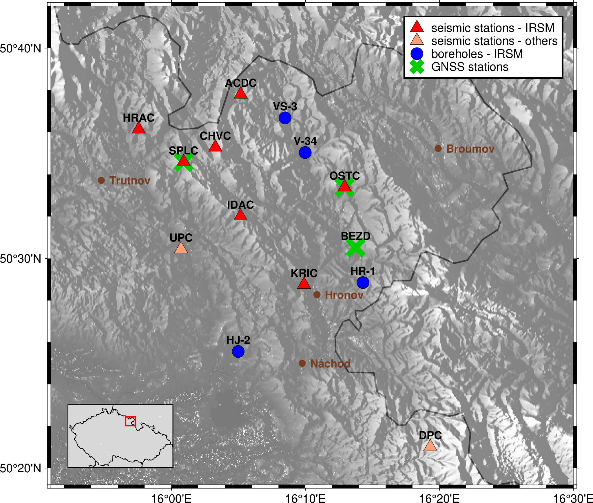 Map of the EBAR array in northeastern Bohemia showing seven IRSM seismic stations, the regional stations DPC and UPC, four hydrogeological boreholes and GNSS stations near Trutnov, Broumov, Hronov and Náchod.
